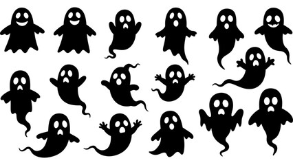 Halloween ghost black silhouette set.halloween cartoon ghost black symbol.