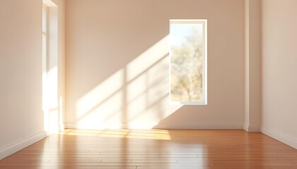 Obraz premium Empty room with sunlight streaming through window, hardwood floor and beige walls, minimalist interior design