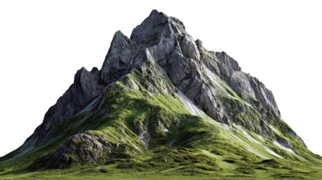 Mountain peak rising dramatically, rocky slopes revealing verdant greenery against clean background. Pristine natural landscape highlighting rugged terrain and vibrant vegetation
