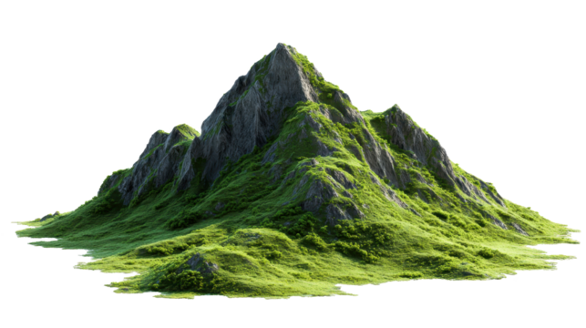 Mountain peak towering above verdant grasslands, featuring clean lines and transparent backdrop enabling smooth graphic design integration