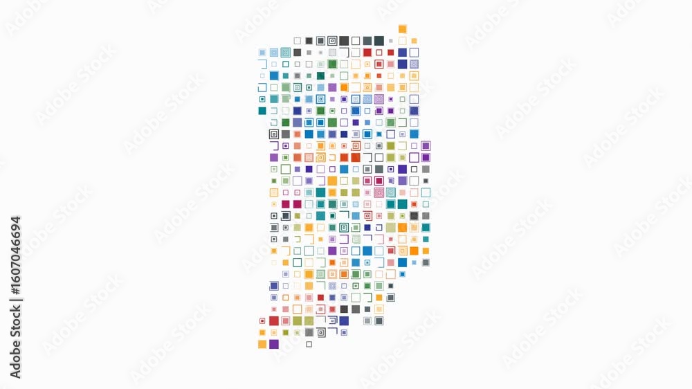 Poster indiana dotted animation. shape of the state build of pulsating colored dots. large size square bloc