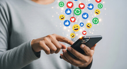 A modern individual engaging with social media on a smartphone, surrounded by floating digital icons, perfectly encapsulates the digital age. A close-up shot.