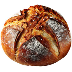 On transparent background a single perfectly baked round loaf of artisan bread with a rich golden crust and