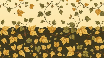 A repeating pattern of leaves and vines in shades of green and yellow on a two toned background design