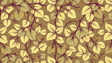 Seamless pattern featuring stylized leaves and vines in shades of yellow and brown on a brown background
