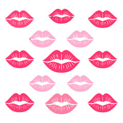 Obraz premium A collection of stylized pink and red lipstick kiss prints with white texture lines, forming a decorative pattern.