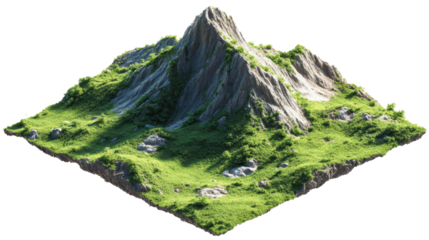 Floating rocky mountain island hovering over verdant landscape, featuring rugged terrain, grassy slopes, scattered boulders on transparent backdrop