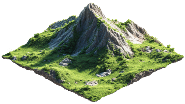 Floating rocky mountain island hovering over verdant landscape, featuring rugged terrain, grassy slopes, scattered boulders on transparent backdrop