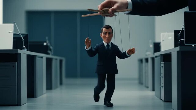 A hand is controlling a miniature businessman puppet with strings in a modern, empty office, symbolizing business control, manipulation, and power.