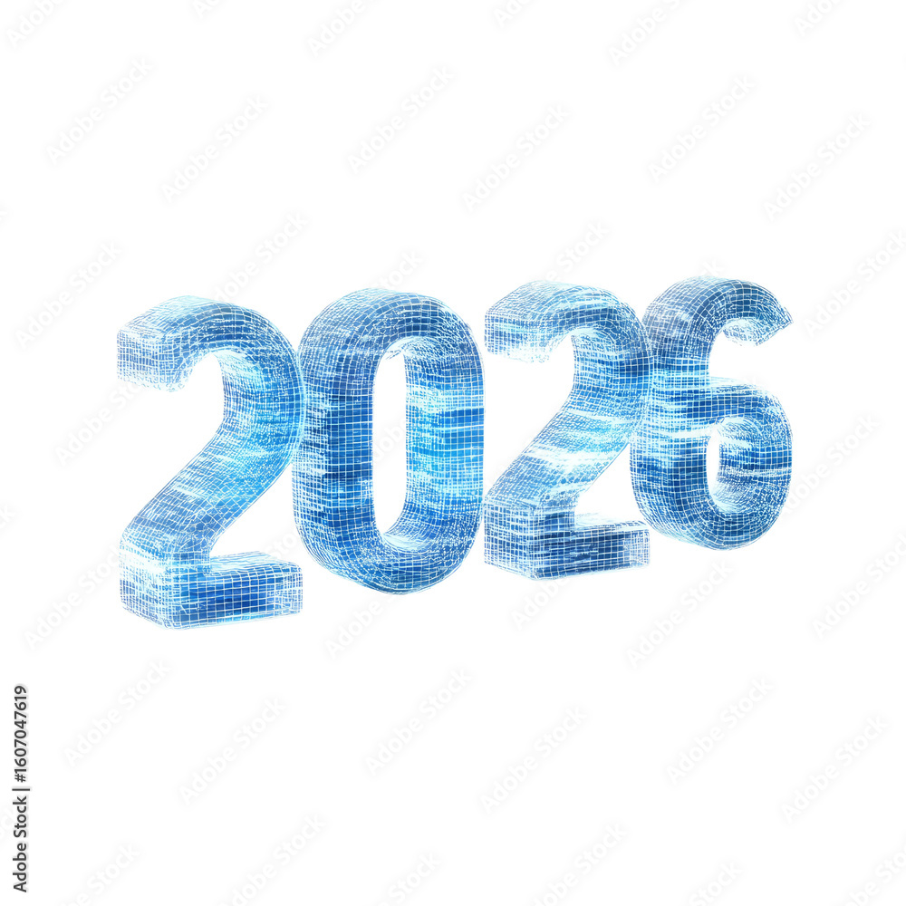 Poster abstract blue and white crystal number design representing the year 2026 with a high-tech feel for f