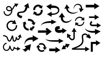 A collection of various black arrow silhouettes vector.