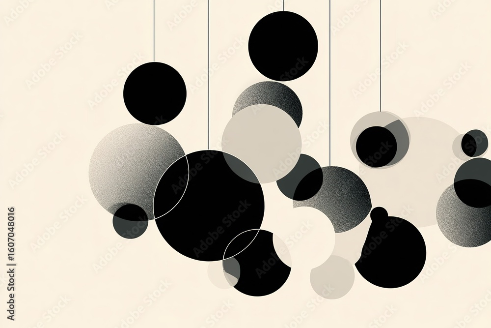 Poster modern abstract art featuring suspended black and white circles with varying sizes creating a dynami
