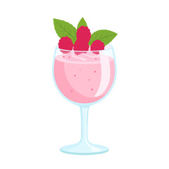 Creamy pink raspberry mousse in a stemmed glass, garnished with fresh berries and mint leaves. A sweet dessert illustration.