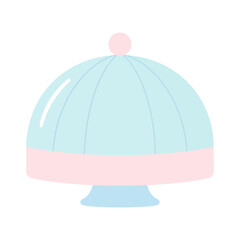 Pastel blue and pink cake stand with a fluted glass dome lid and a round handle.