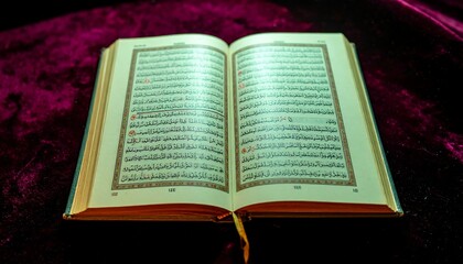 Obraz premium Open Quran on velvet background showcases Islamic scripture and tradition in a spiritual setting