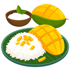 Sweet Thai Mango Sticky Rice dessert with ripe, scored mango and coconut cream sauce on a banana leaf plate.