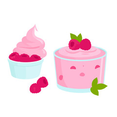A delightful set of pink raspberry desserts, including swirled frozen yogurt and creamy mousse, garnished with fresh berries and mint leaves in a flat vector st