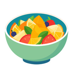 A vibrant, healthy fruit salad in a light green bowl, featuring sliced citrus, berries, and mint leaves.