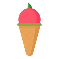 Pink fruit-flavored ice cream scoop in a waffle cone with a green leaf garnish.