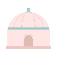 Minimalist pastel pink domed building with a teal accent and an arched doorway.