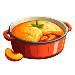 Warm peach cobbler with a golden crust and fresh mint, served in a vibrant red casserole dish.