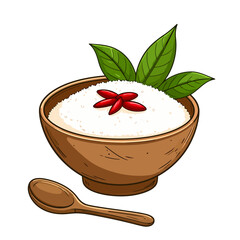 Illustrated wooden bowl of white rice with a red goji berry garnish, green leaves, and a spoon.