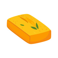 Golden yellow loaf of cornbread or pound cake with a scored top, garnished with fresh green leaves and sprinkles.