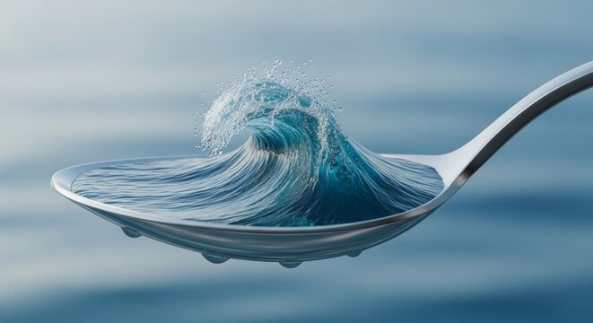 A spoon holding a miniature ocean wave frozen in motion