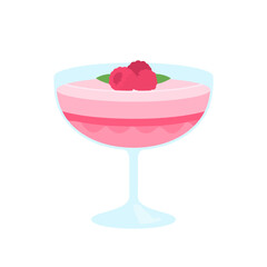 Layered pink raspberry mousse dessert in a coupe glass, garnished with fresh berries and mint leaves.