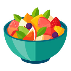 A vibrant, healthy fruit salad with assorted chopped fruits and mint leaves, served in a stylish teal ceramic bowl.