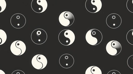 Yin yang symbols in a pattern on a black background creating a balanced and harmonious composition
