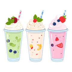 A vibrant cartoon illustration of three fruit milkshakes with whipped cream, fresh berries, mint, and straws.