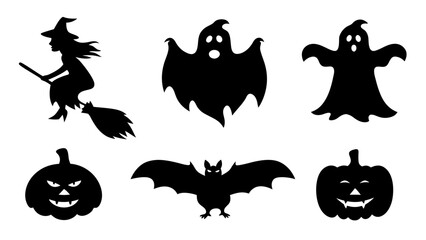Set of Halloween silhouette collection elements on tranparent background