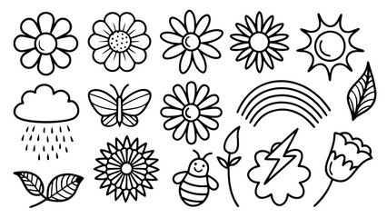 Hand drawn nature doodles collection. Simple black outline drawings.