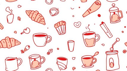 Seamless pattern with hand drawn coffee cups croissants and other breakfast items in red and white colors