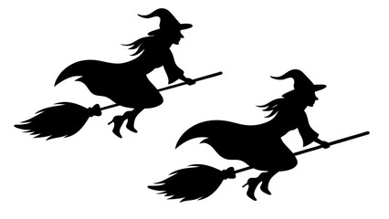 Set Of Flying Witch Silhouettes on Broomsticks