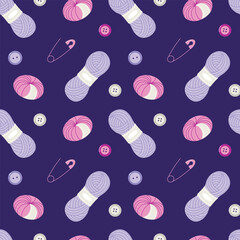 Seamless Knitting and Sewing Pattern on Dark Purple Background
