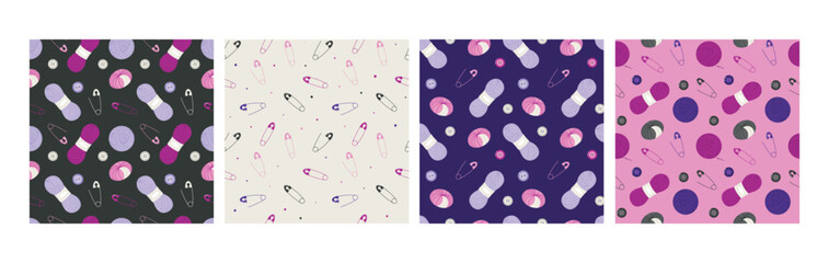 Set of seamless patterns featuring yarn balls, safety pins, and buttons in various color themes including pink, purple, cream, and dark backgrounds, ideal for textile, fabric, and craft design