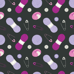 Seamless pattern of purple and pink yarn balls, safety pins, and buttons on a dark background featuring knitting and sewing accessories