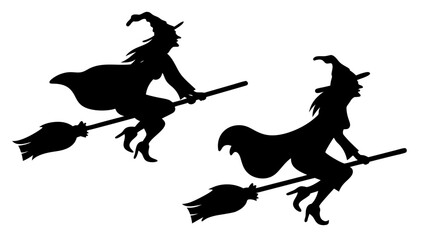 Set Of Flying Witch Silhouettes on Broomsticks