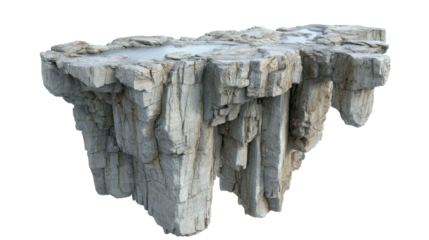 Photorealistic 3d render of weathered floating rock island, hovering against transparent background, ideal for digital compositing in fantasy or surreal imagery