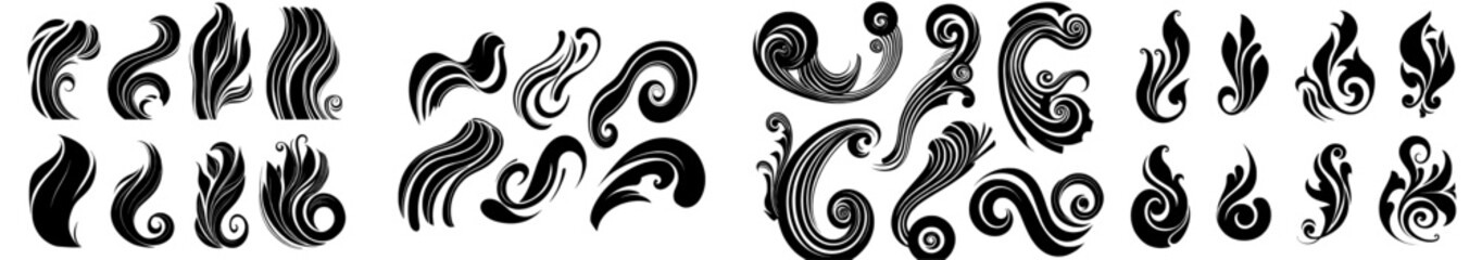 Fototapeta premium The modern collection features swooshes and flourish brush strokes. Black paint forms wavy lines and dirty curved strokes