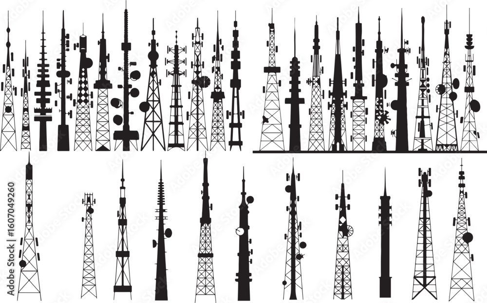Poster dynamic array of communication towers silhouette shapes for modern technology and connectivity proje