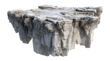 Weathered gray rock island floating in the air with a damp flat top surface, perfect for seamless integration into photo manipulations or design projects