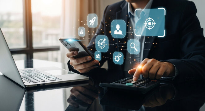A business professional engages in financial analysis, skillfully manipulating numbers on a calculator while simultaneously accessing data on a smartphone with digital overlay.