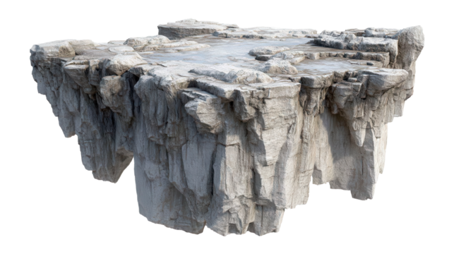 Weathered gray rock island floating in the air with a damp flat top surface, perfect for seamless integration into photo manipulations or design projects
