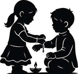 Raksha Bandhan festival illustration - Little sister tying Rakhi to brother, silhouette style
