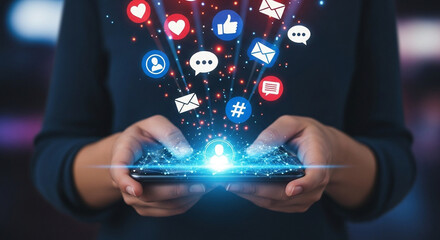 Social media's reach, showcased as a person interacts with their smartphone, displaying icons representing online communication and engagement.
