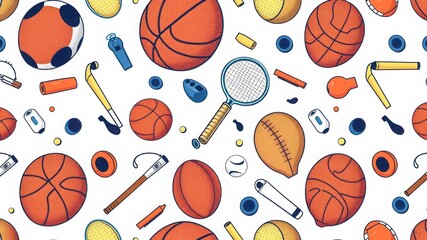 Seamless pattern featuring various sport equipment on a white background with bright color scheme
