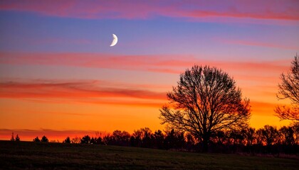 Beautiful sunset over a field with trees and a crescent moon